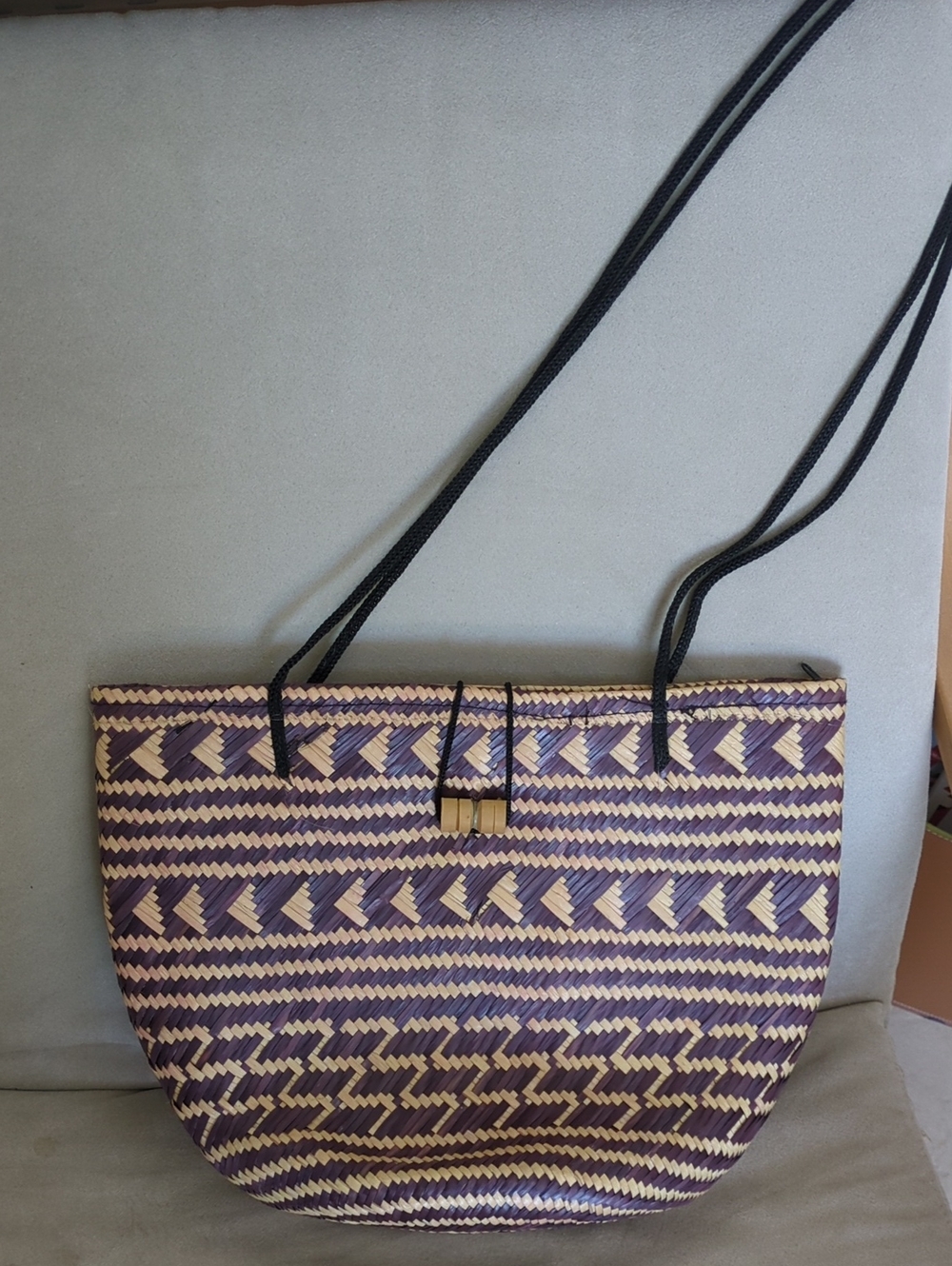 Woven Straw Tote Bag in Purple and Natural